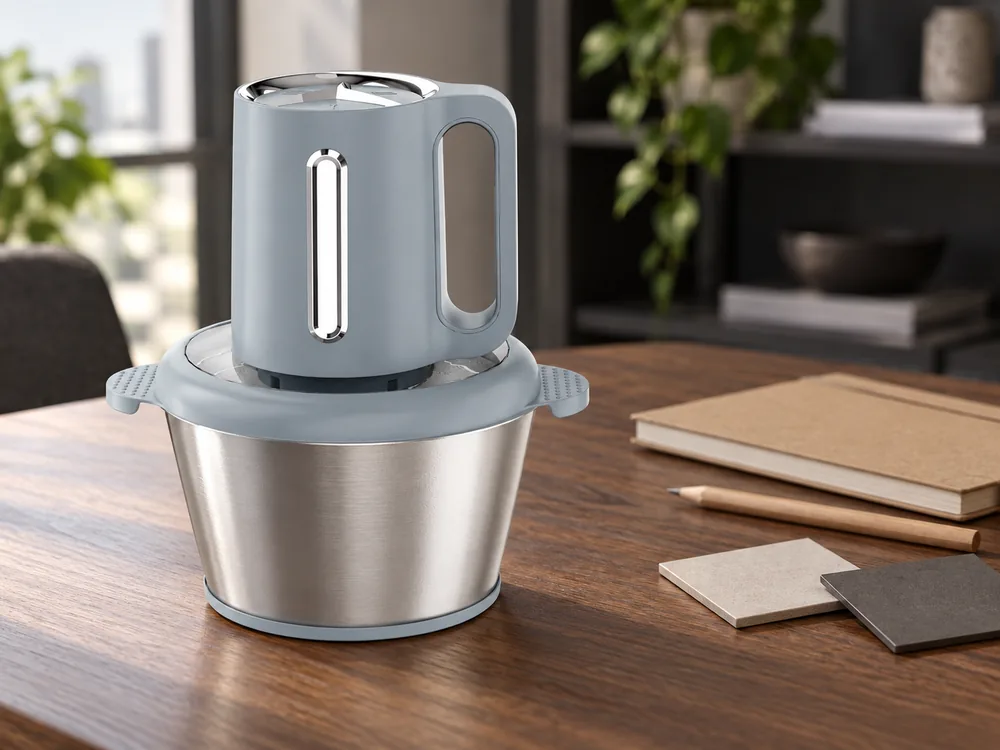 Grey handle-style chopper with metal bowl on an illustrative sample discussion table..
