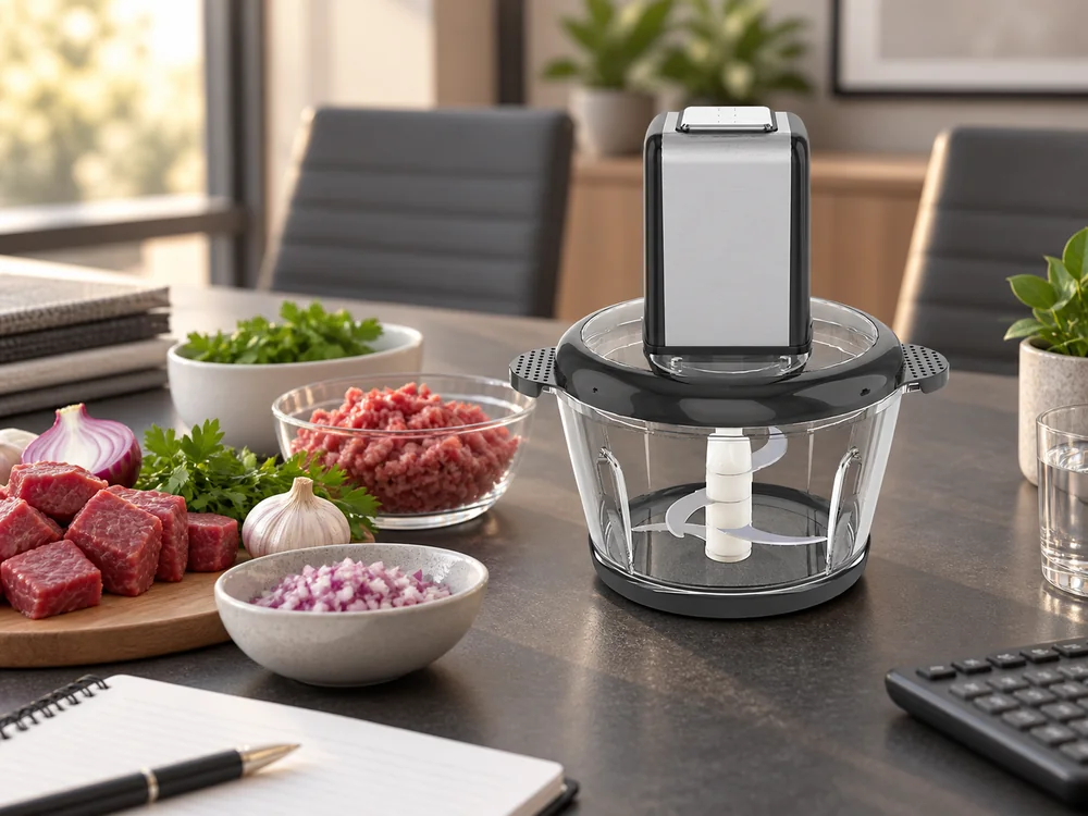 Glass-bowl chopper on a sample review table with notebook and calculator