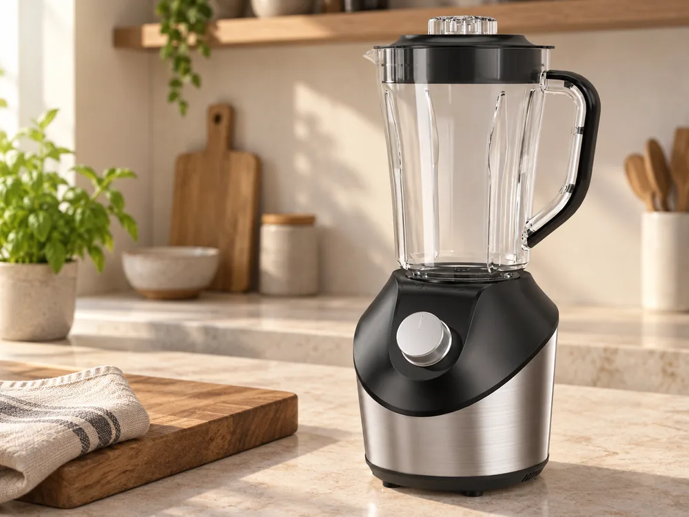 Rotary-control countertop blender showing the jar handle and base on a kitchen counter..