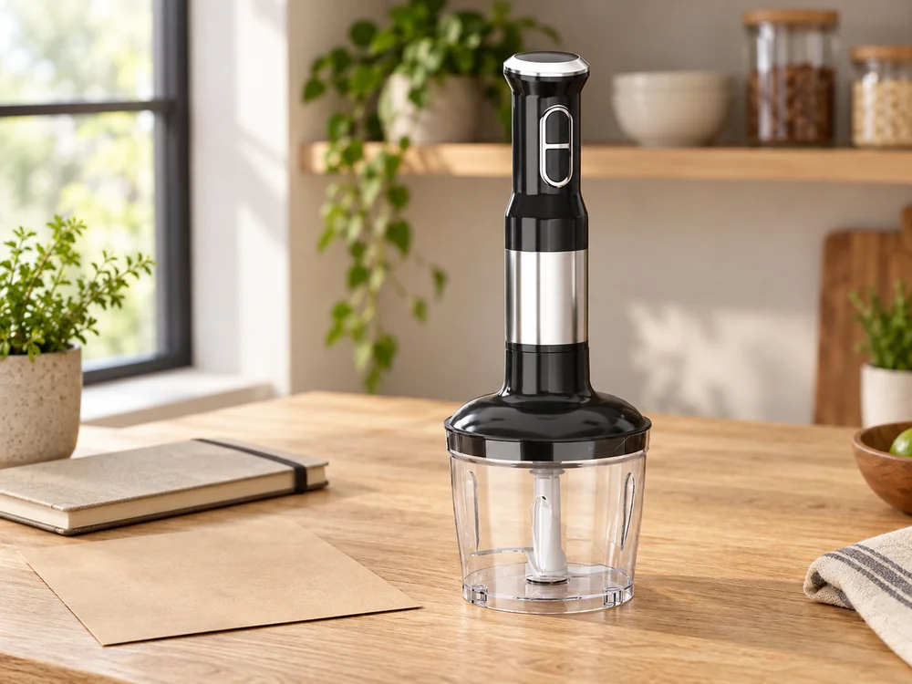 Hand blender motor attached to its chopping accessory on a product-review table.