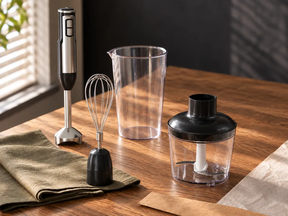 A set-review scene based on the supplied hand blender components.