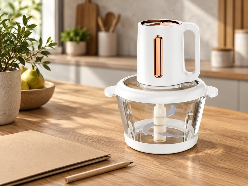 White and copper-colored glass-bowl chopper on a wooden counter