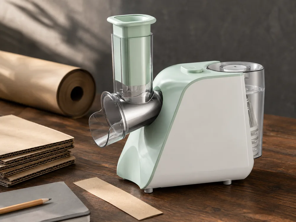 A packaging-review scene based on the supplied salad maker.