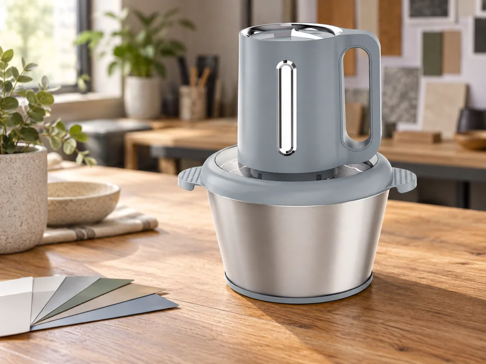 Gray chopper with a metal bowl and loose color references on a table