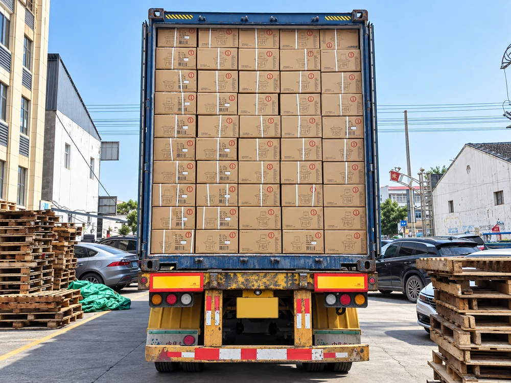 Loaded container on a truck in a factory yard