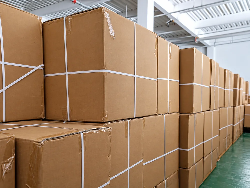 Strapped shipping cartons in a warehouse