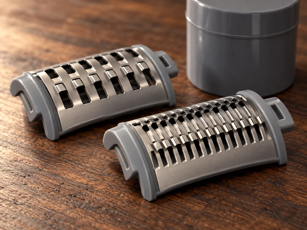 Two gray-framed curved cutting plates with different slot patterns on a review surface