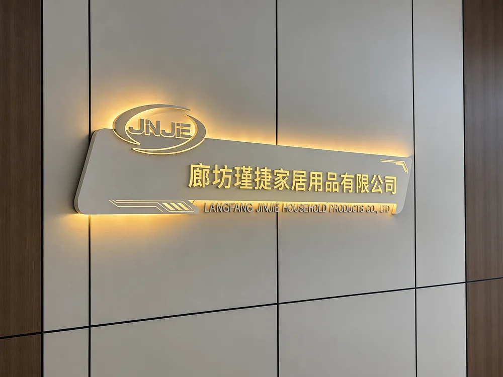 Illuminated JINJIE company sign on its paneled interior wall