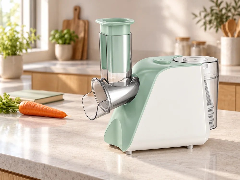 Mint and white electric salad maker with its clear feed tube and pusher on a kitchen worktop