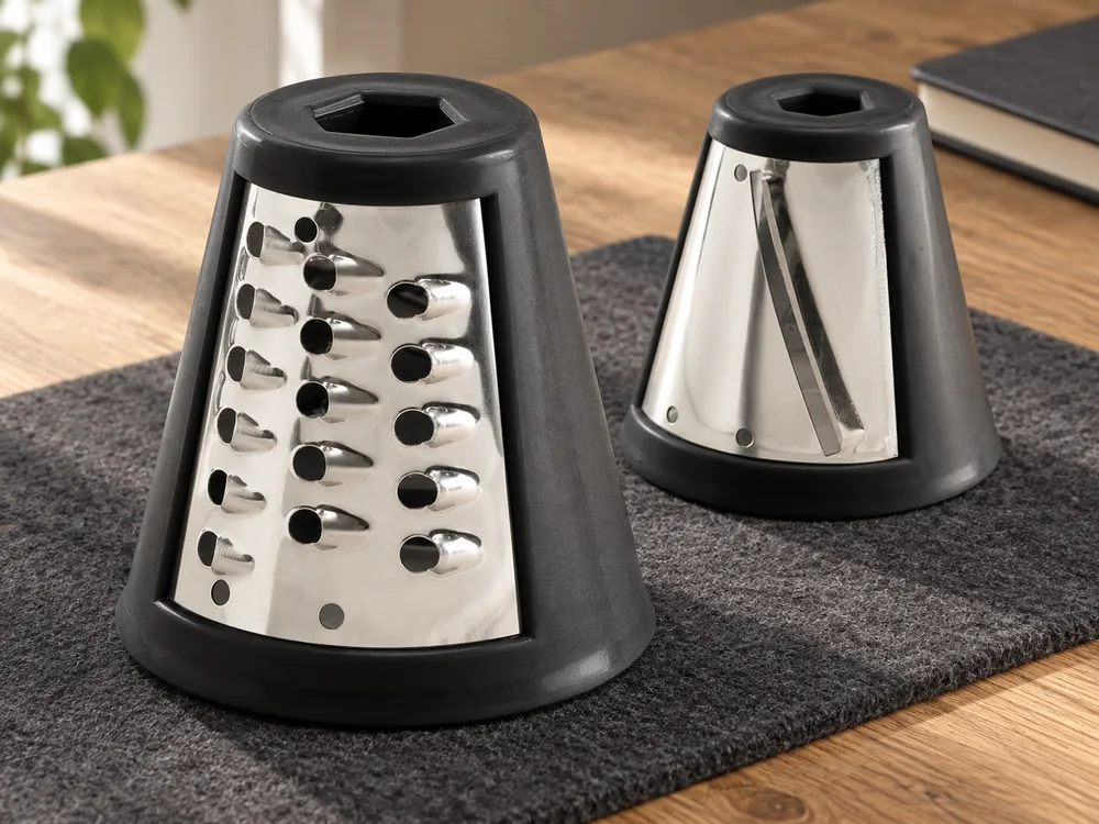 Two salad maker cutting attachments with coarse-shredding holes and a slicing opening