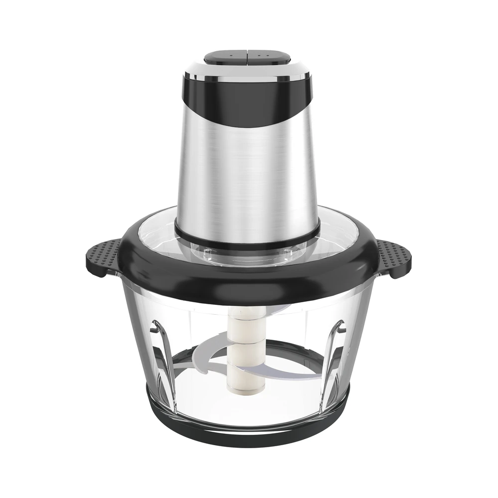 KD-01/KD-02/KD-03/KD-04 meat chopper, silver cylindrical motor and transparent bowl with black base ring
