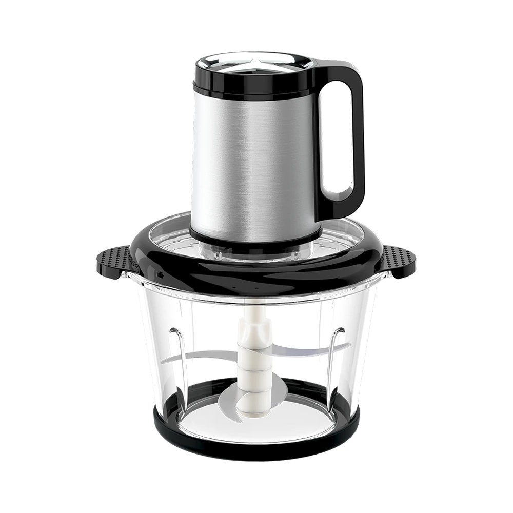 MB-C1/MB-C2/MB-C3/MB-C4 meat chopper, silver handled motor and transparent bowl with black base ring