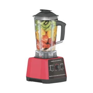 PBJ-01 blender, black base and fruit-filled jug, angled view