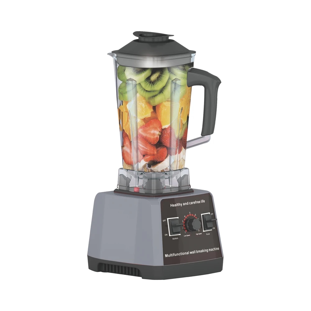 PBJ-01 blender, grey base and fruit-filled jug at the same angle