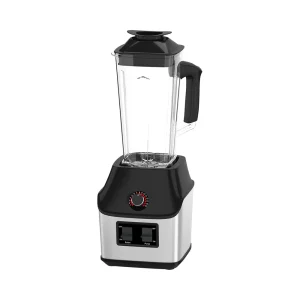 PBJ-02 blender, silver and black base with clear jug, front view