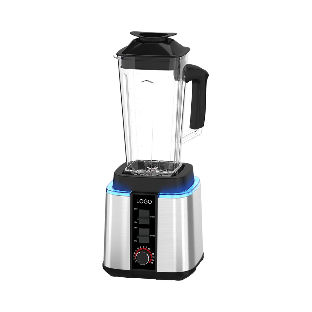 PBJ-03 blender, silver base with blue trim and clear jug, front view