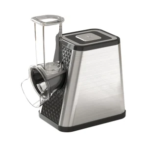 SLJ02 salad maker, rectangular silver housing with black trim and clear feed tube