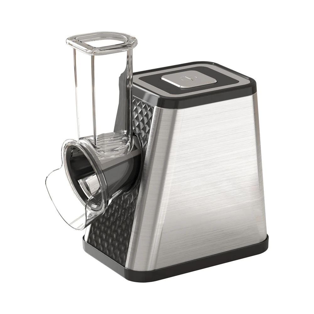 SLJ02 salad maker, rectangular silver housing with black trim and clear feed tube