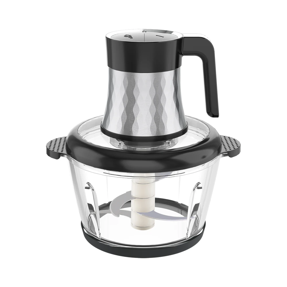 WH-01/WH-02/WH-03/WH-04 meat chopper, faceted silver motor with black handle and transparent bowl