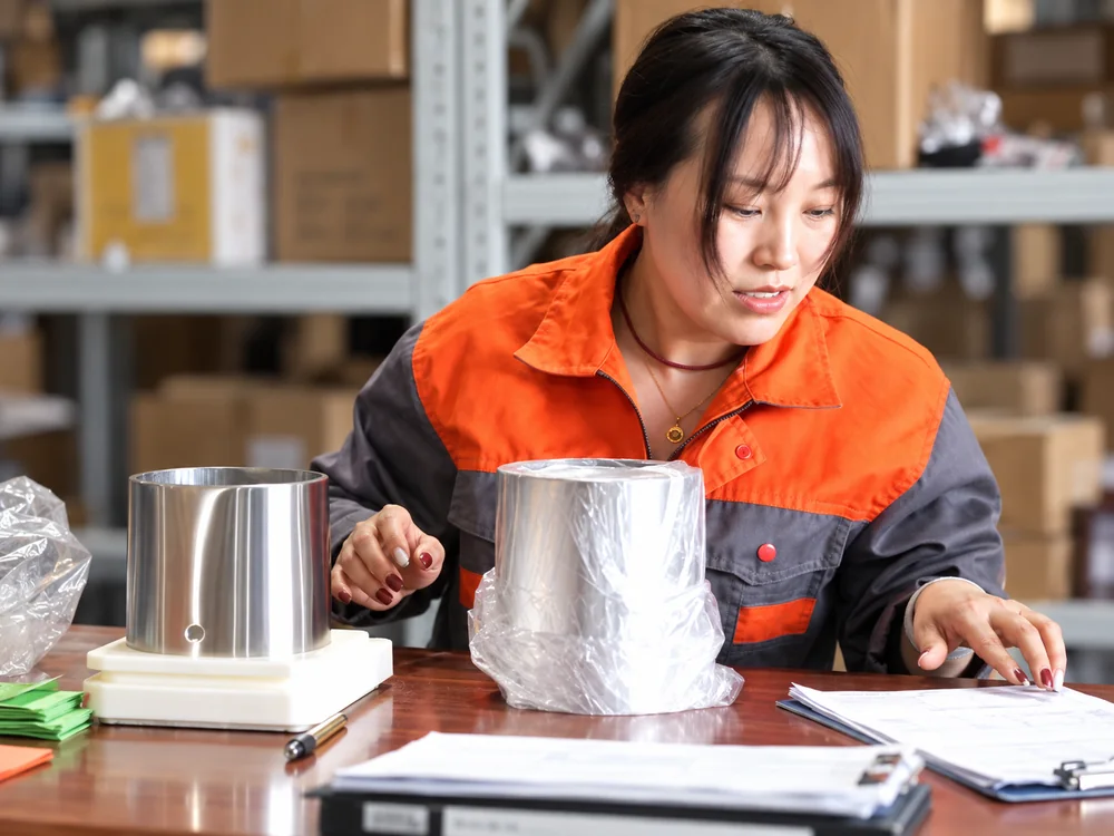Factory worker reviewing metal housings and paperwork at an inspection desk