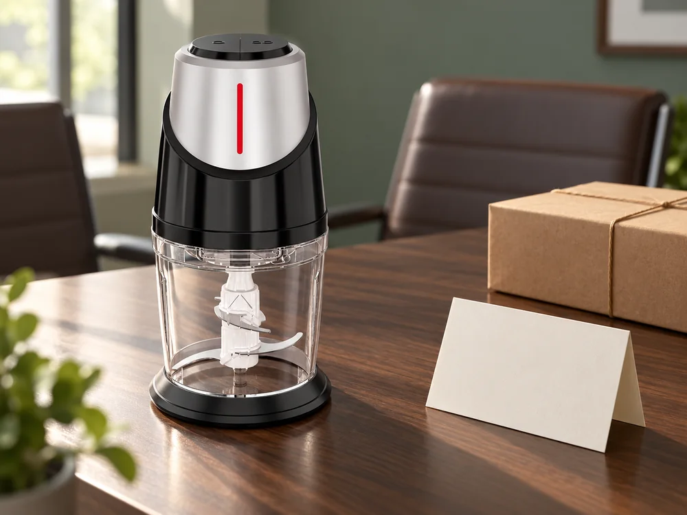 BG-05 compact electric chopper on a meeting table with a plain parcel and blank note card