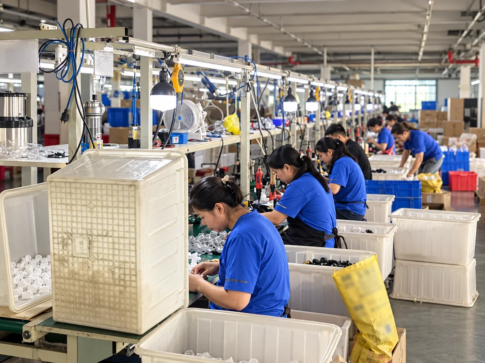 Workers at an actual appliance assembly row with component bins in the foreground