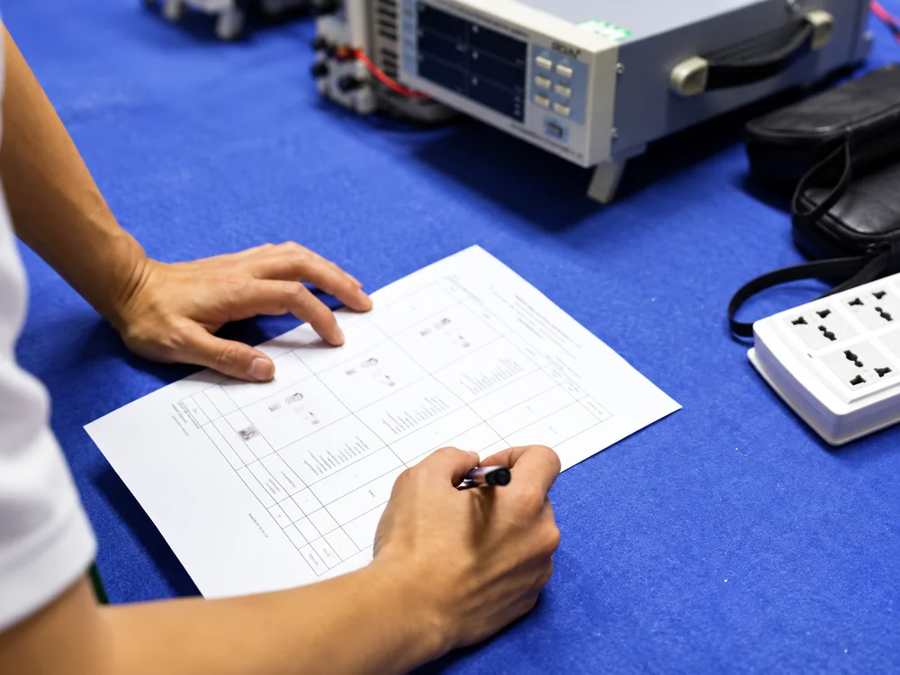Hands recording information on a form beside equipment on a blue workbench