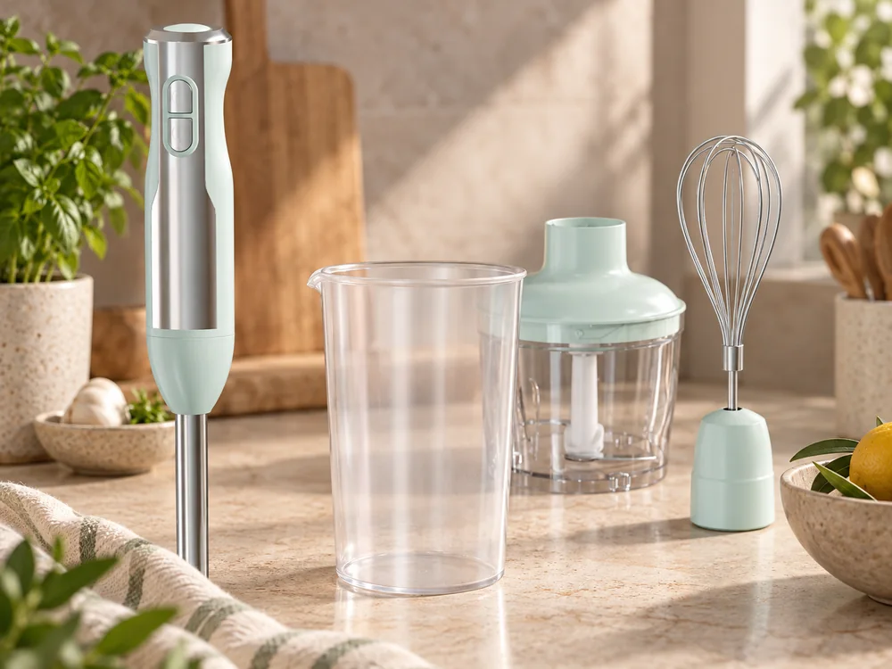 Mint-green hand blender with a matching chopper lid and whisk adapter beside a clear beaker