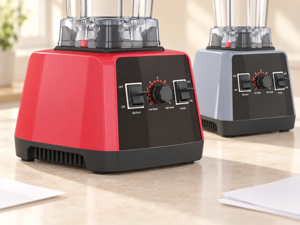 Red and gray-blue blender bases with their black control panels on a light counter