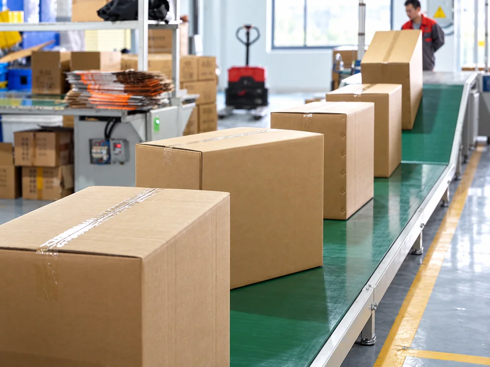 Closed cartons along a green conveyor in the factory packing area