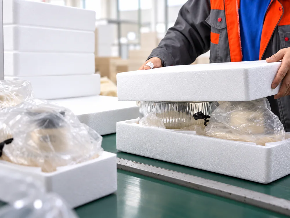 Worker lifting protective foam above a packed glass-bowl appliance at the workbench