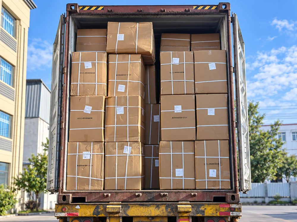 Actual outbound cartons stacked inside a shipping container at a JINJIE loading area