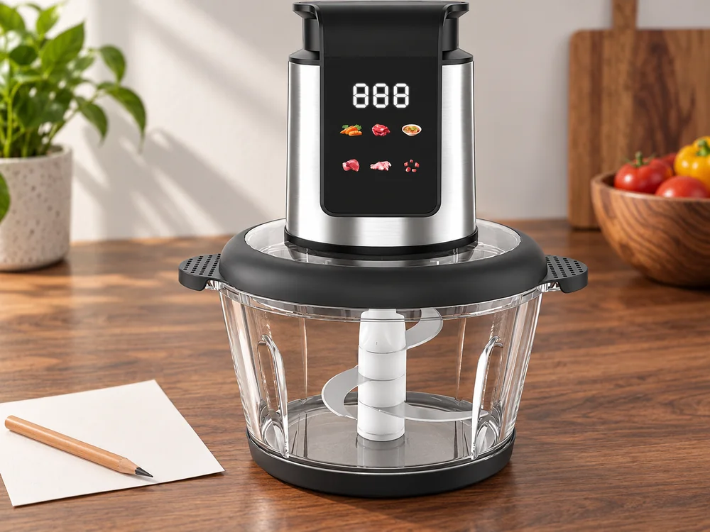 SD-03 glass-bowl electric chopper on an unbranded sample desk for model identification