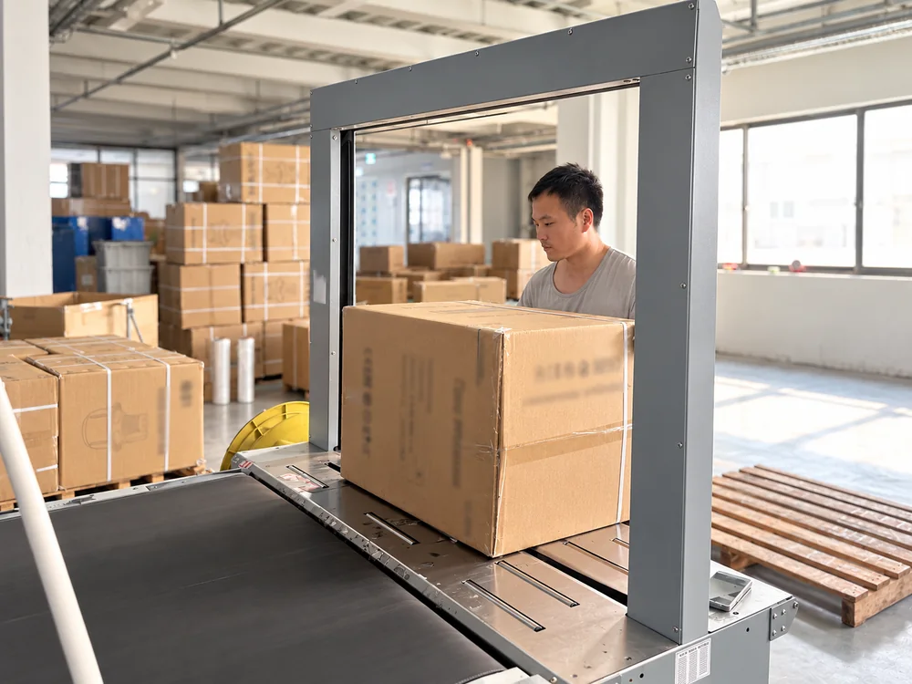 JINJIE worker at the existing carton-handling workstation with the actual equipment and factory layout retained