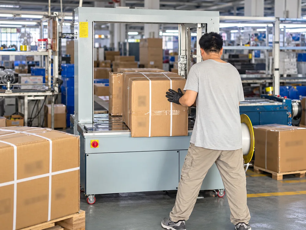 Actual worker handling cartons at a factory strapping station with private markings blurred