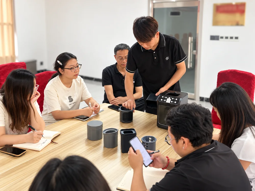 Real JINJIE team discussing the existing appliance and components at a meeting table